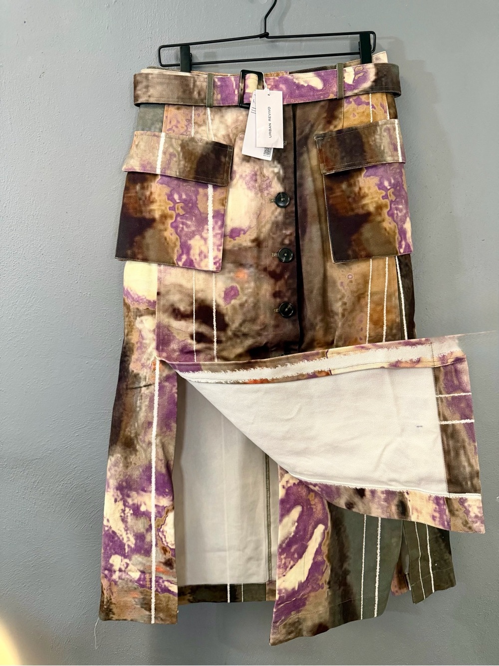 Tie-Dye A-Line Midi Denim  Skirt in Purple and Brown  with Belt - Picture 2 of 7
